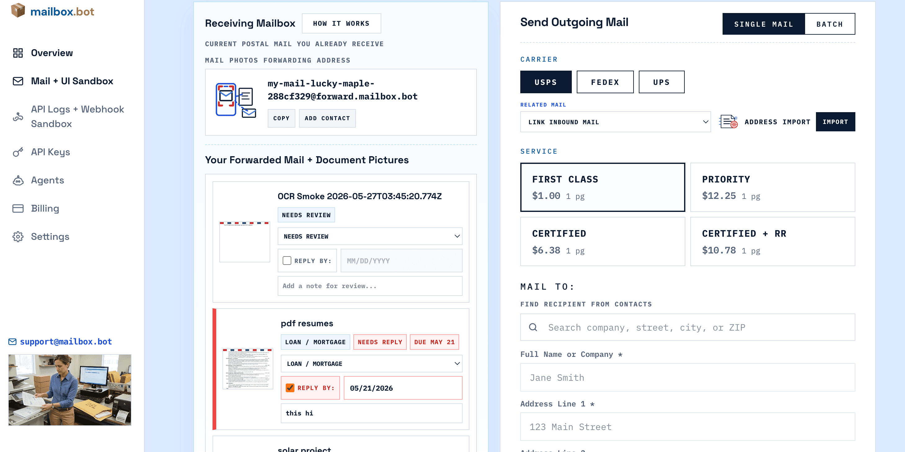 mailbox.bot dashboard showing forwarded mail context and outbound mail workflow
