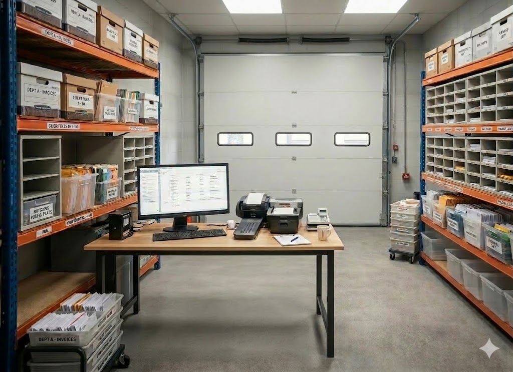 Mail processing facility with sorting shelves and workstation