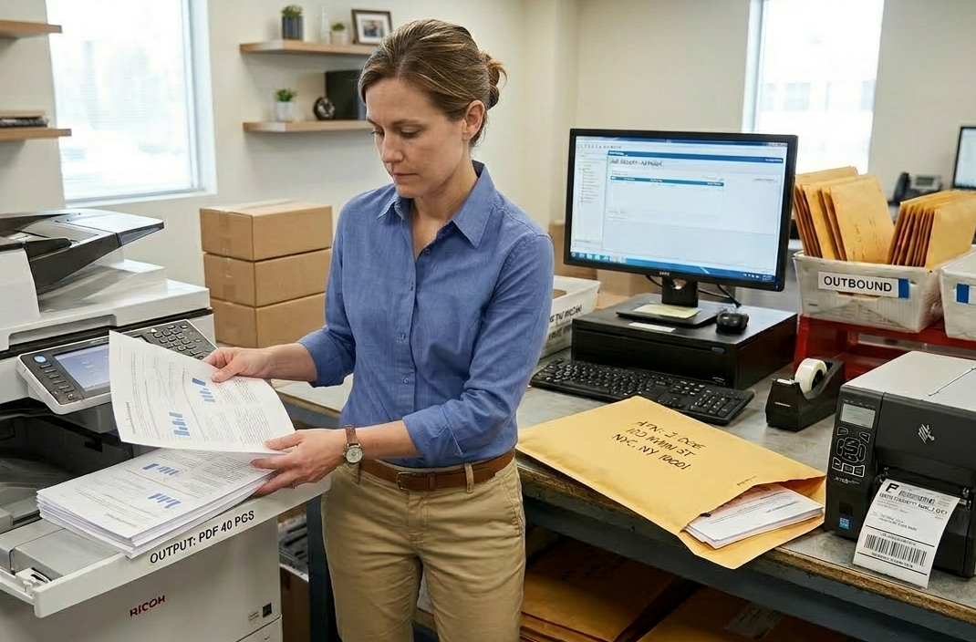Facility staff preparing outbound mail from agent-submitted PDFs