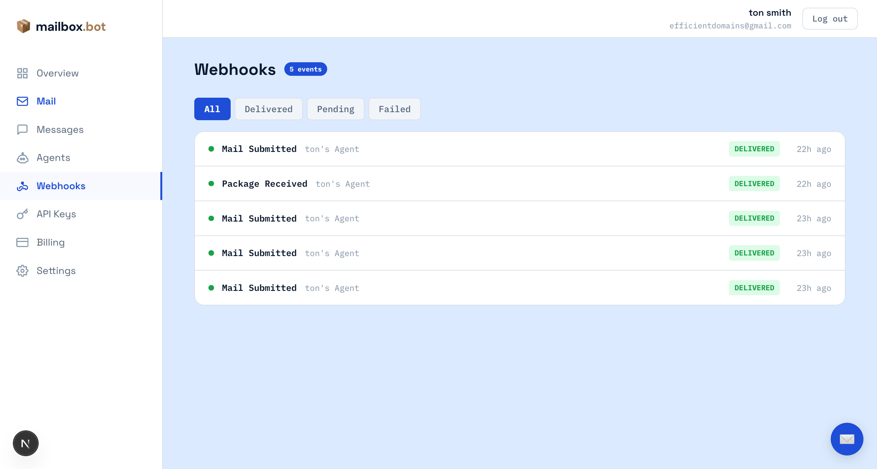 Dashboard Webhooks tab showing webhook event list with status filters and delivery status badges
