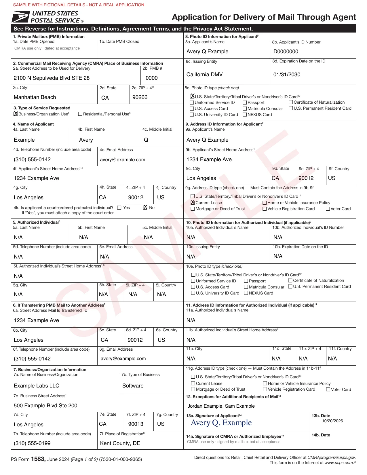 A filled-in sample of USPS PS Form 1583, marked SAMPLE, with fictional details for Avery Q. Example of Example Labs LLC at 2100 N Sepulveda Blvd STE 28, PMB 0000, Manhattan Beach, CA 90266.